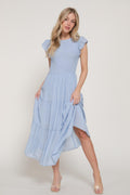 Ruffle Slv Smocked Solid Tired Dress