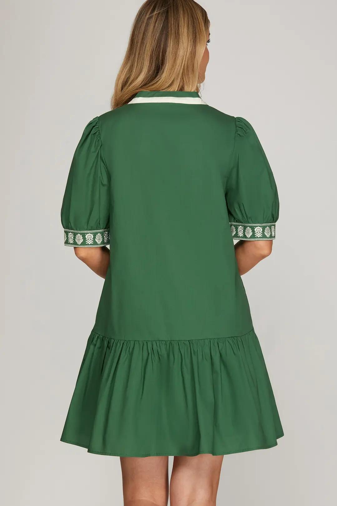 Short Sleeve Embroidered Mini Dress with Pockets