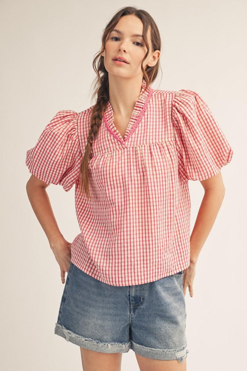 Pleated Ruffle Neckline Gingham Check Top
