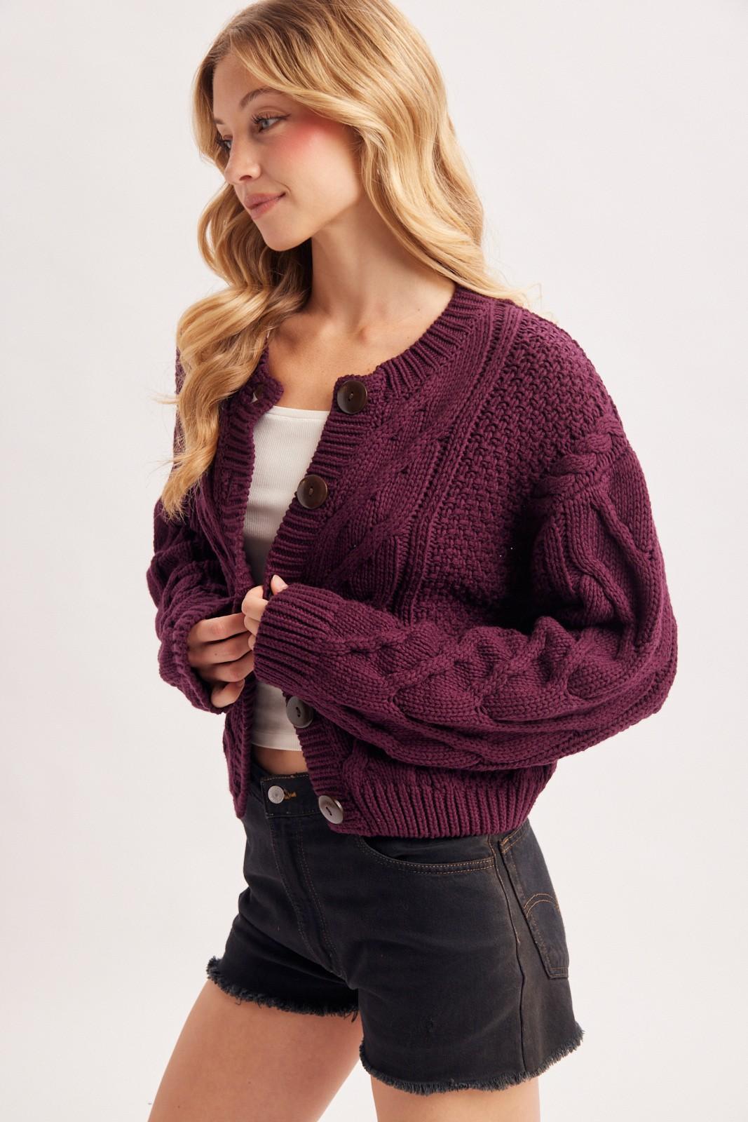 Cropped Button Front Cable Knit Sweater Cardigan