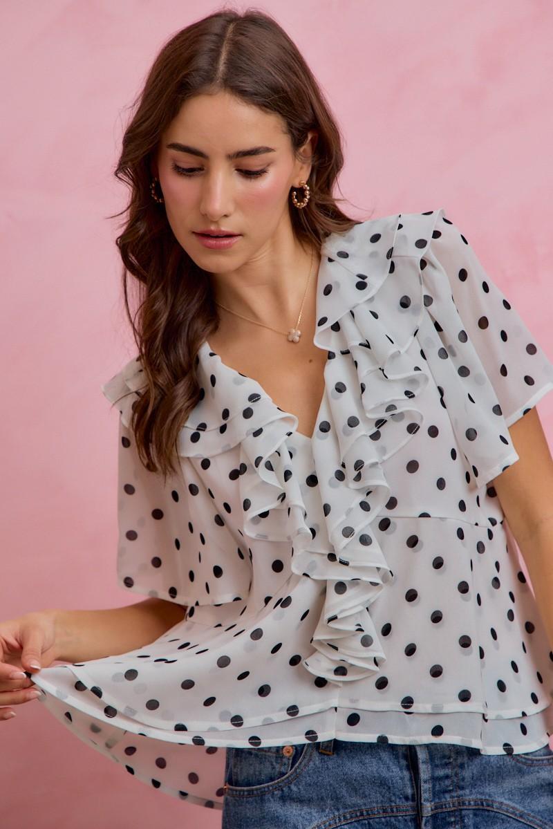 Polka Dot Ruffled Short Sleeves Lined Blouse Top