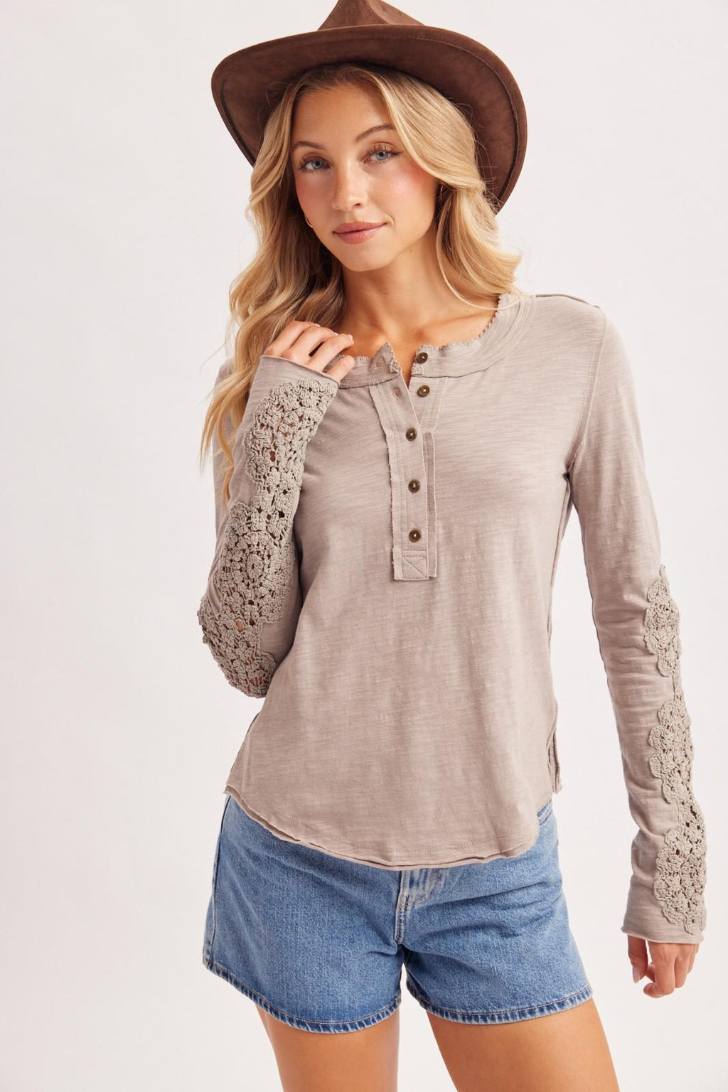 Crochet Patch Sleeved Half Button Round Neck Top