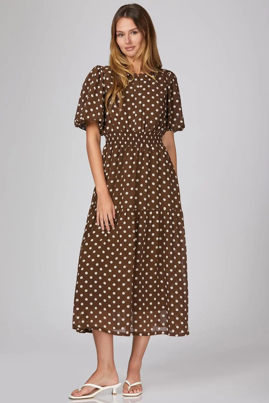 Short Puff Sleeve Woven Polka Dot Print Tiered Midi Dress with Smocked Waistband and Pockets
