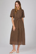 Short Puff Sleeve Woven Polka Dot Print Tiered Midi Dress with Smocked Waistband and Pockets