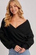Wrap Crossover Ribbed Fuzzy Knit Sweater Pullover