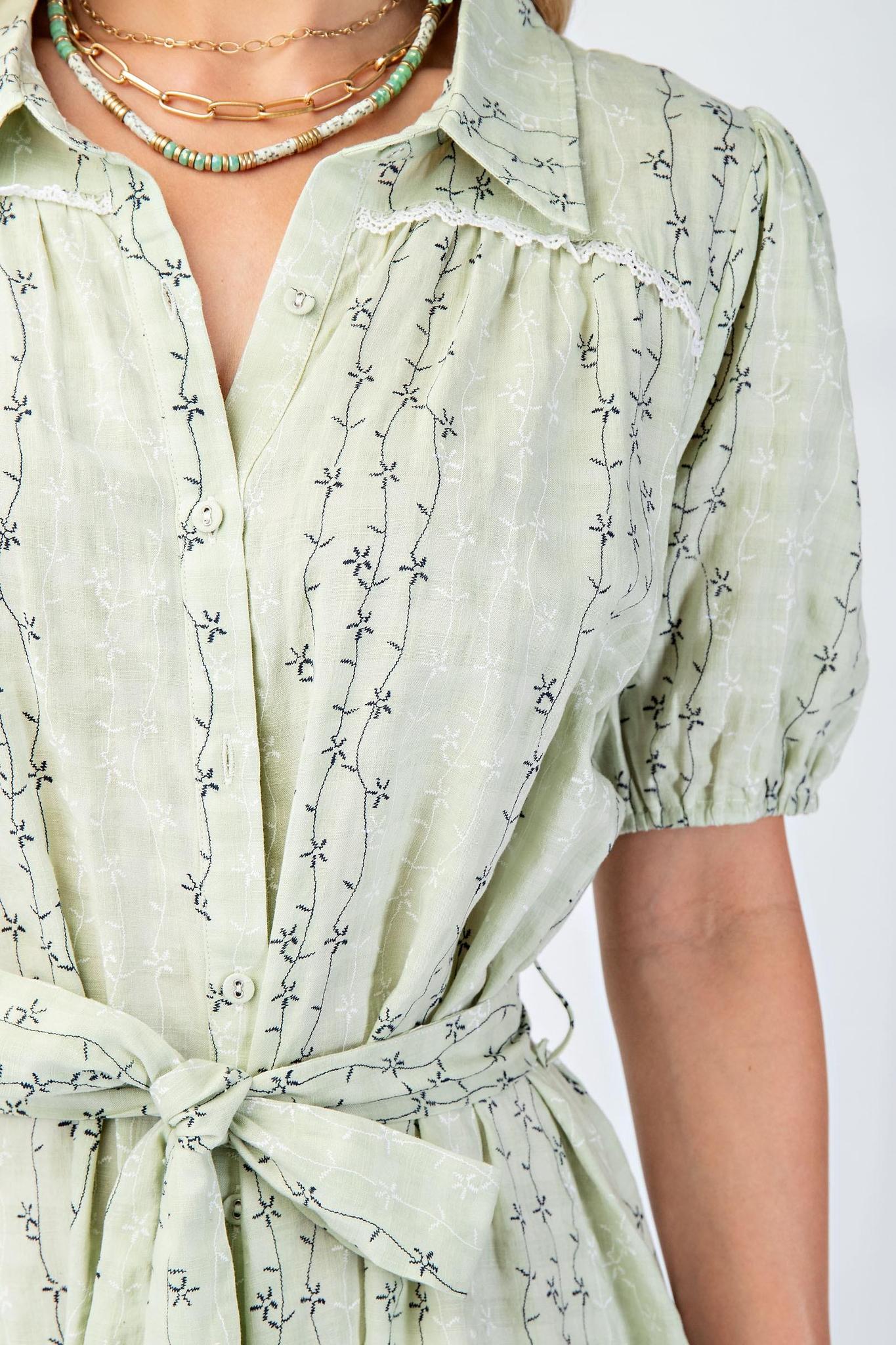 Embroidered Shirt Dress with Lace Trim Detail and Belt Tie