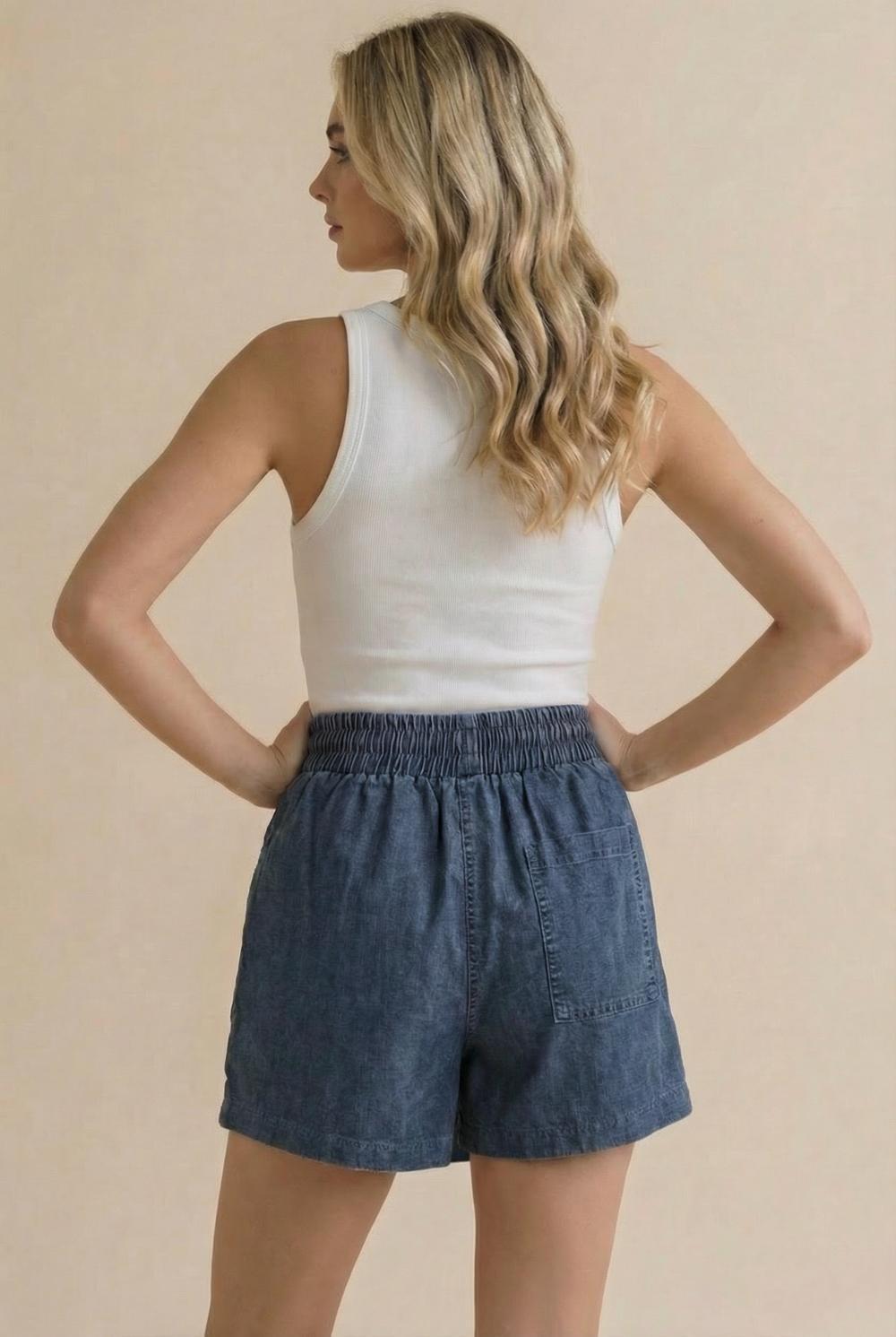Elastic Waist String Chambray Skort
