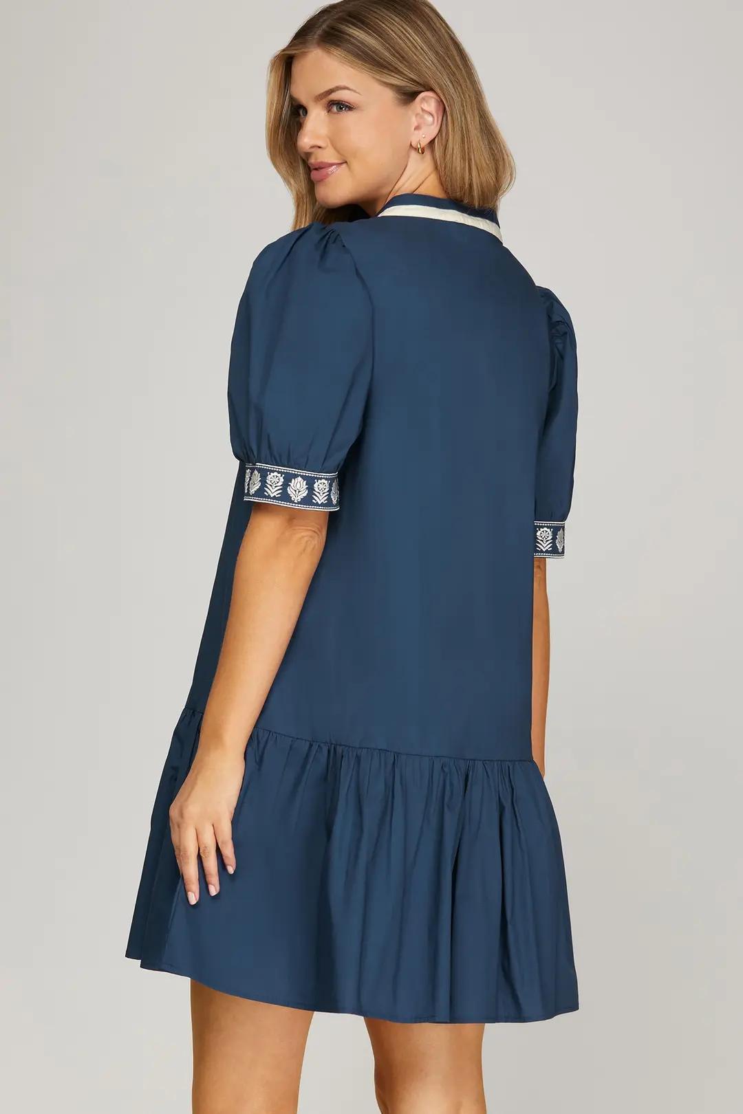 Short Sleeve Embroidered Mini Dress with Pockets