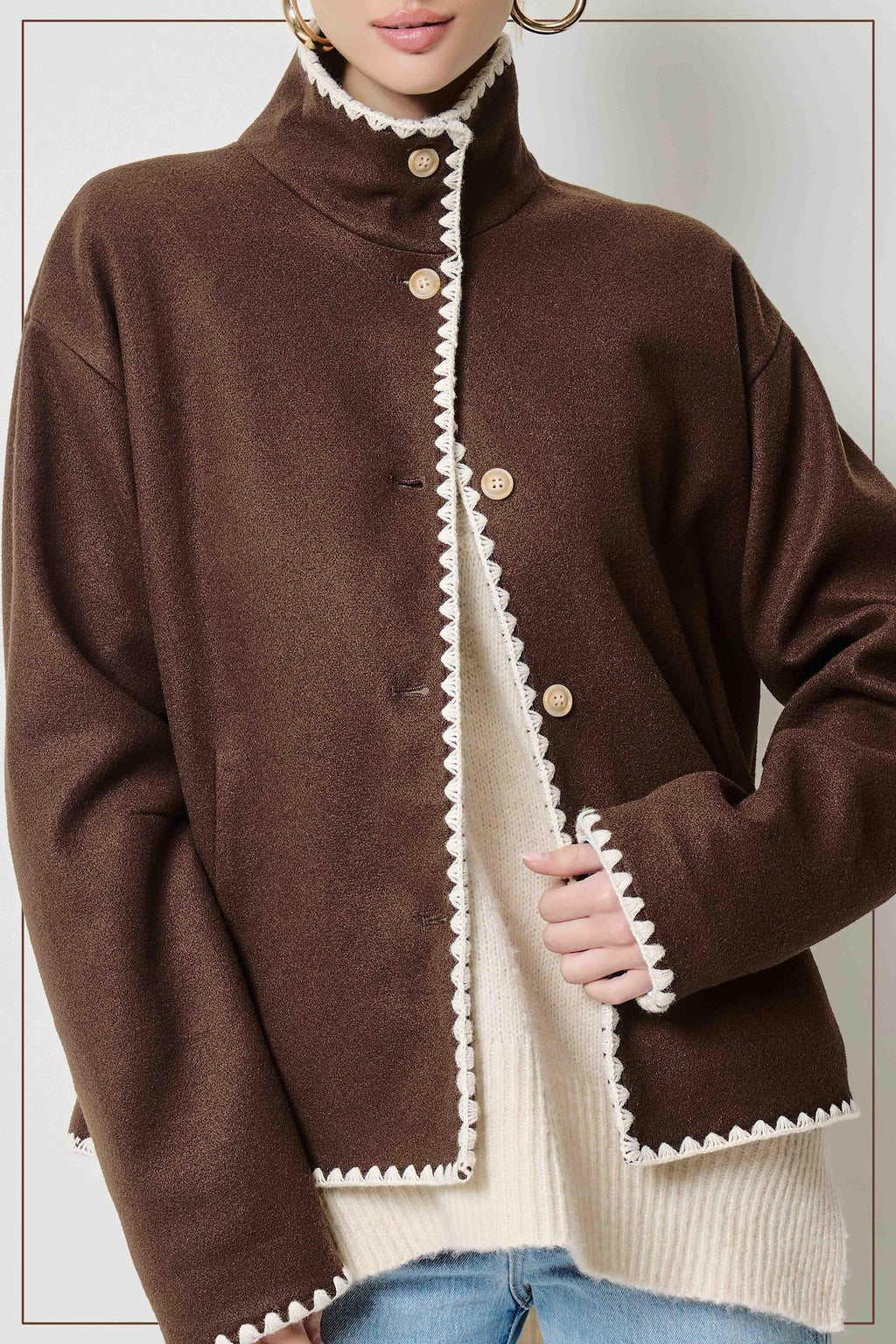 Convertible Collar Felt Jacket with Blanket Stitch