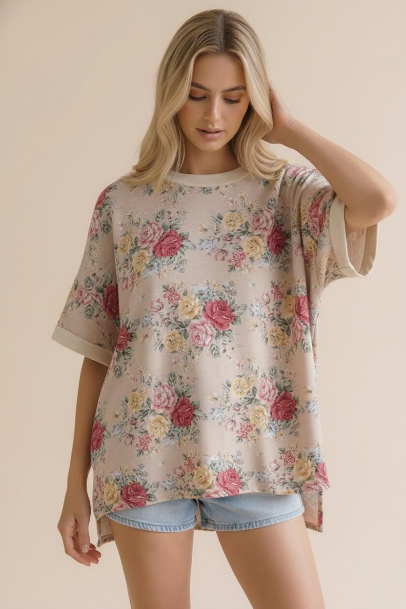 Short Sleeve Oversized Loose Fit Floral Knit Top