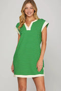 Drop Shoulder Contrast Band Striped Dress with Pockets