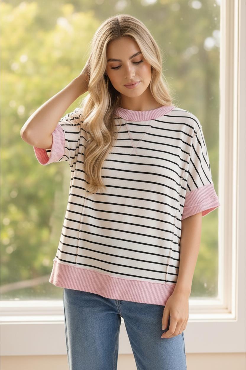 Round Neck Oversized Color Block Stripe Top