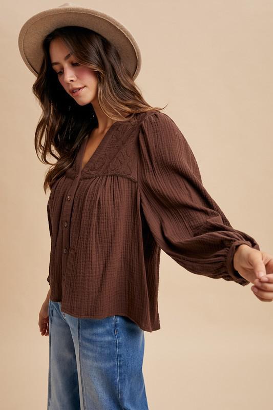 Embroidered Yoke Cotton Gauze Babydoll Blouse