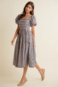 Gingham Lace Trim Puff Sleeve Lined Midi Dress