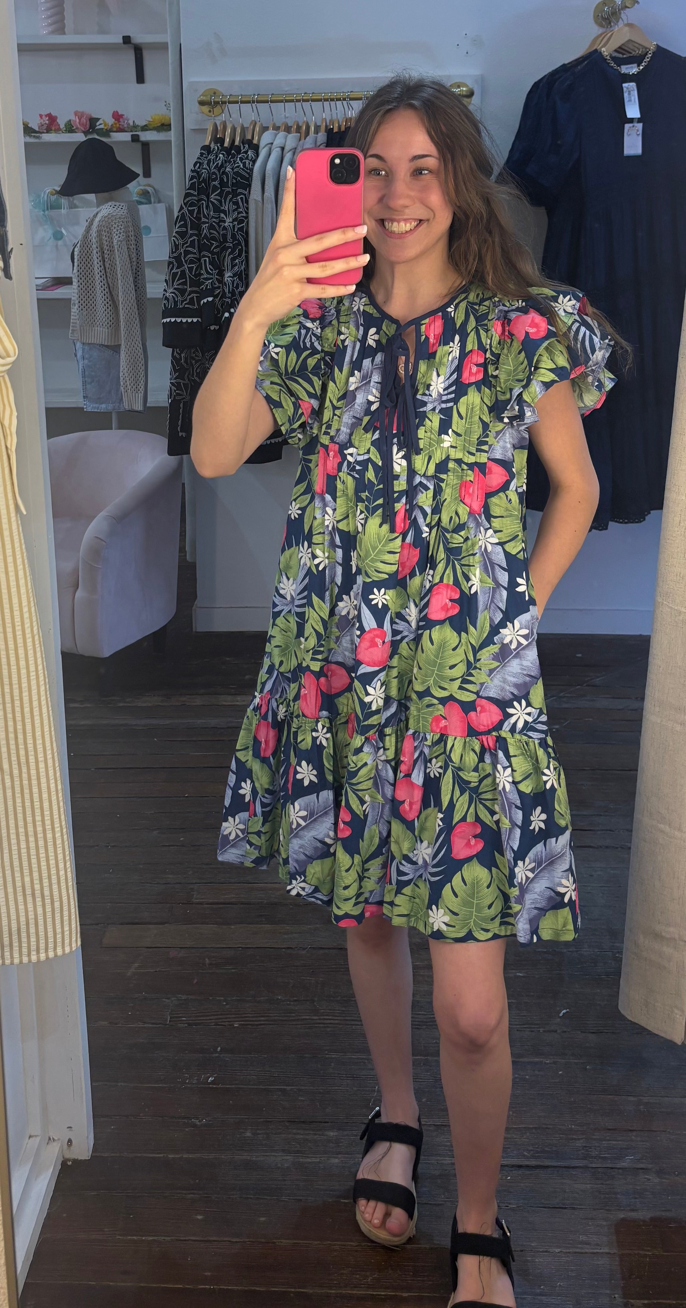 Tropical Print Pintucked Dress