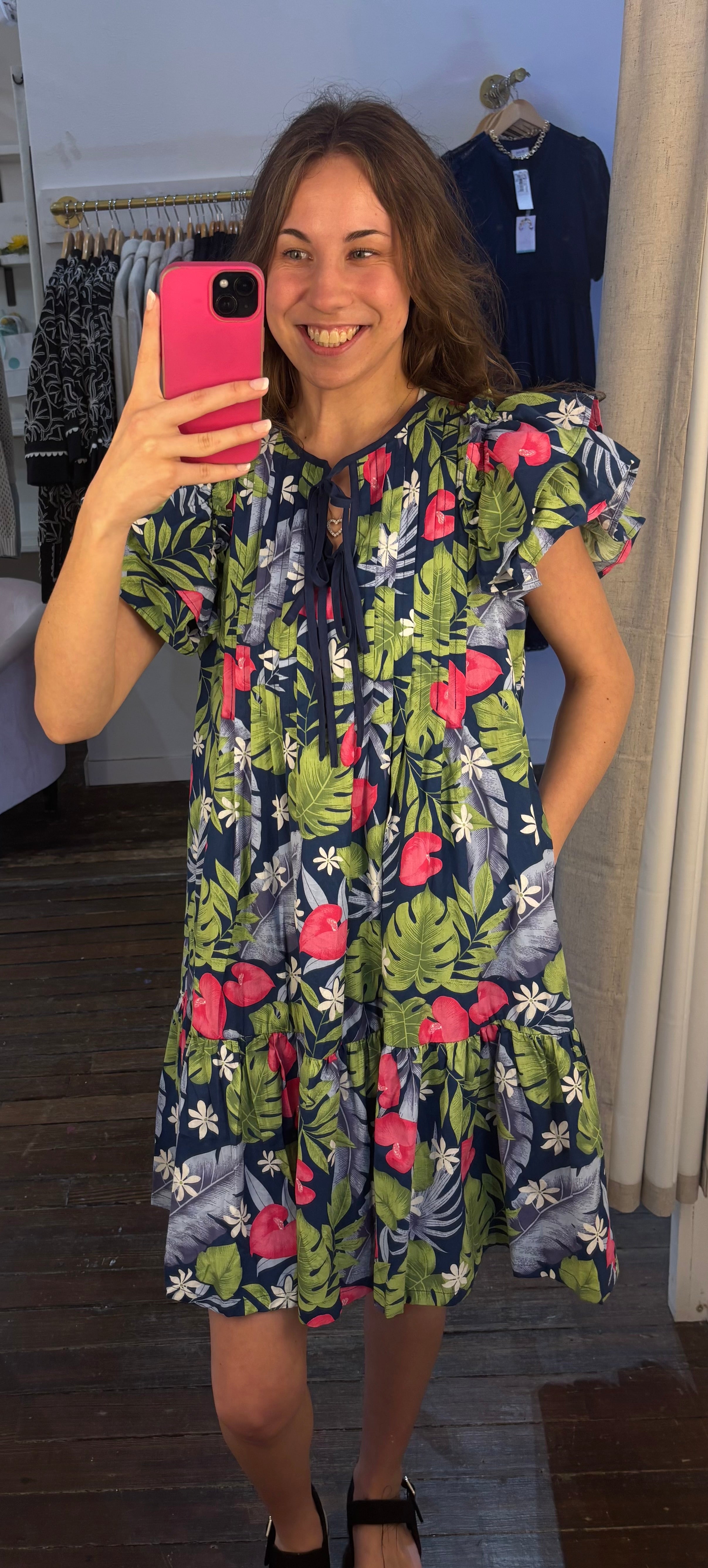 Tropical Print Pintucked Dress