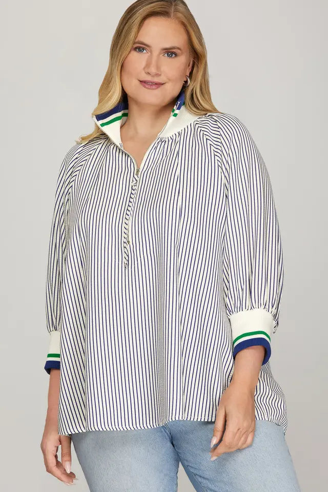 3/4 Sleeve Half-Zip Striped Top