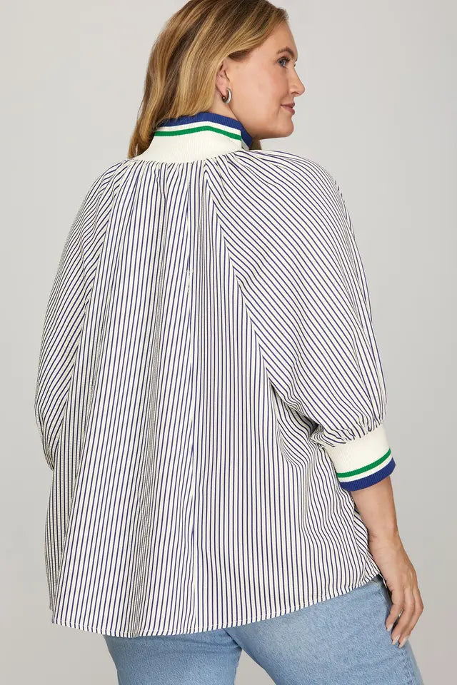 3/4 Sleeve Half-Zip Striped Top