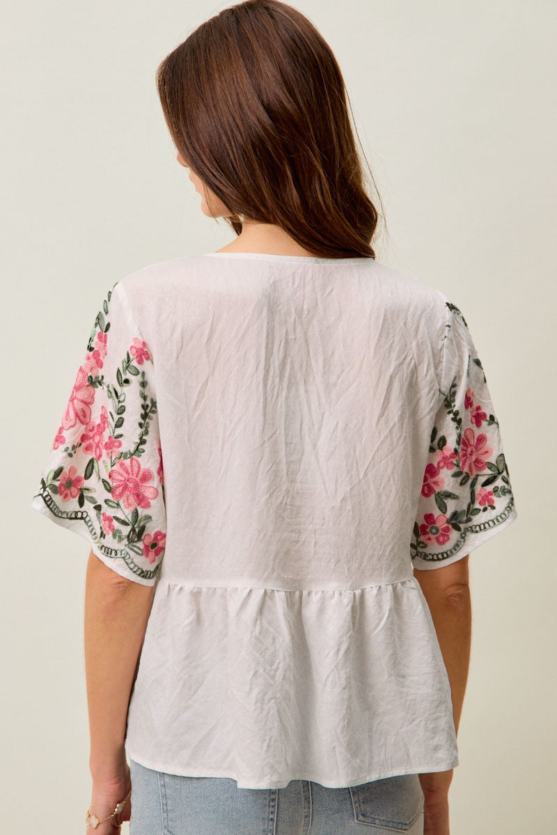 Floral Embroidered Baby Doll Blouse Top