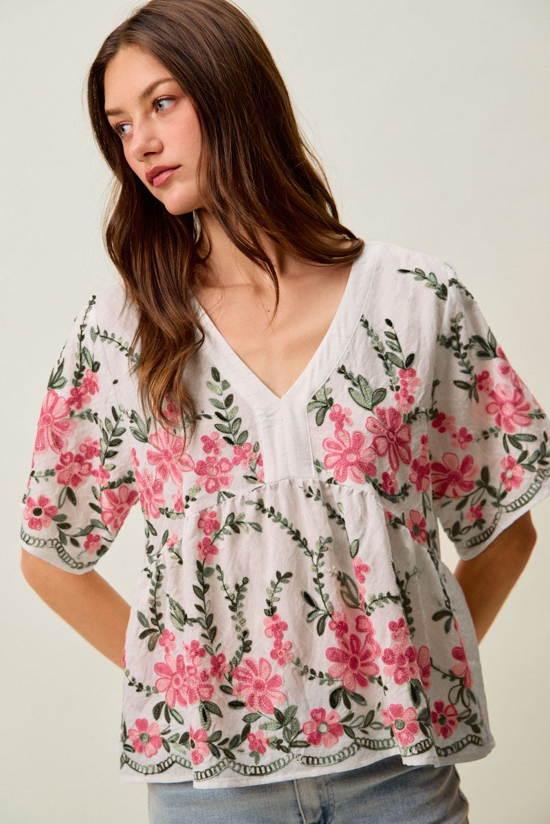 Floral Embroidered Baby Doll Blouse Top