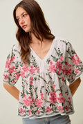 Floral Embroidered Baby Doll Blouse Top