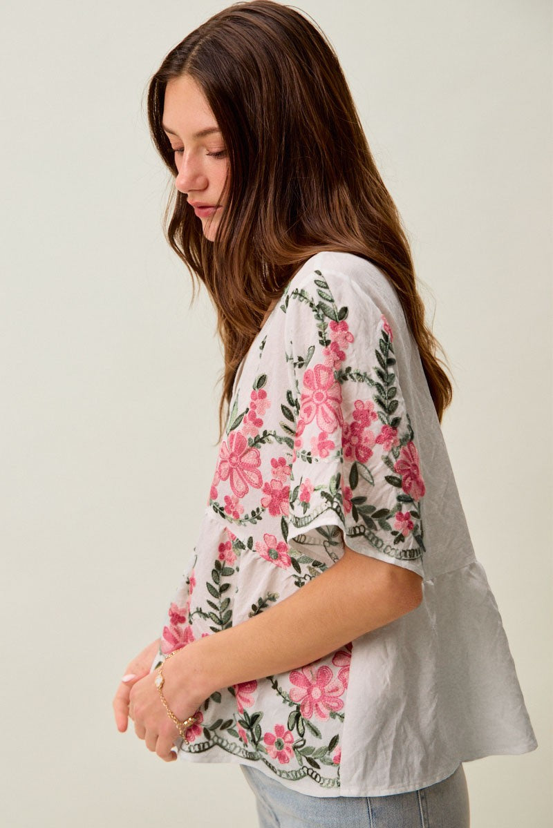 Floral Embroidered Baby Doll Blouse Top