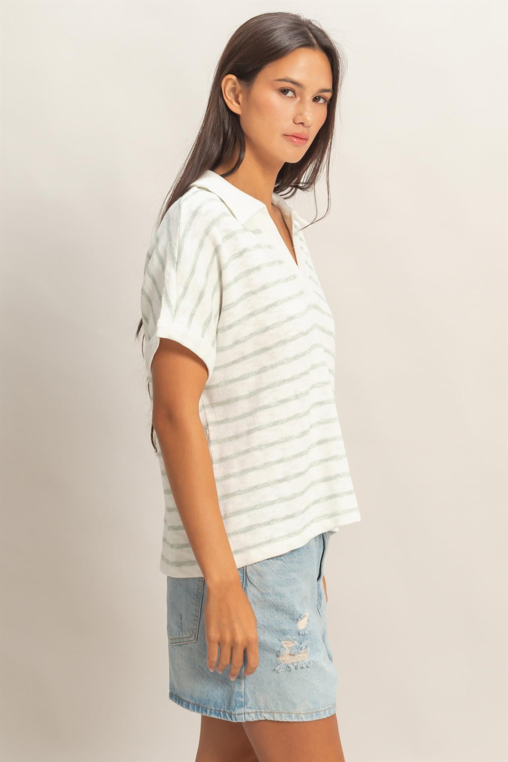 Striped Dolman Sleeve V-neck Collared Top