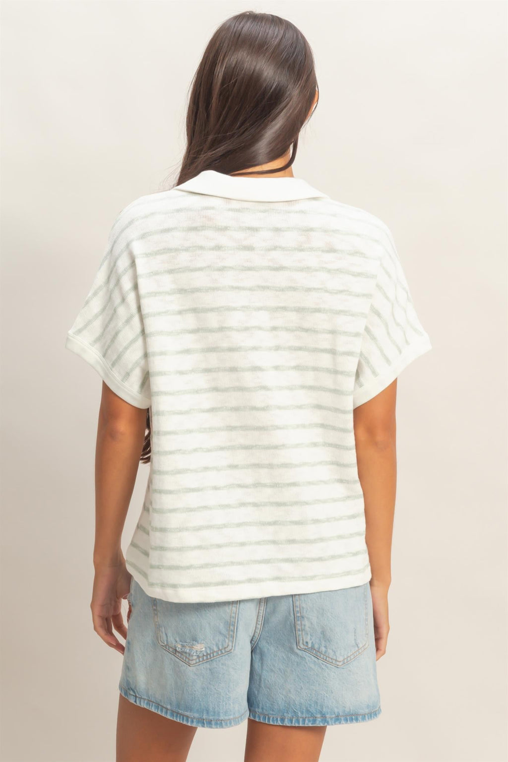 Striped Dolman Sleeve V-neck Collared Top
