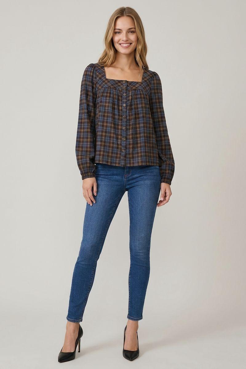 Plaid Square Neck Button-Front Long Sleeve Blouse