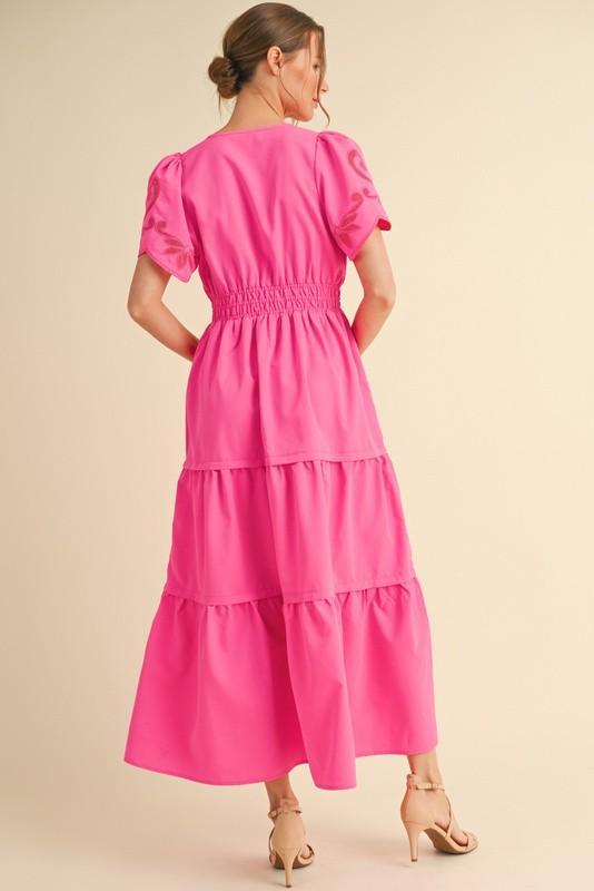 Embroidery Cut-out Sleeves Tiered Maxi Dress