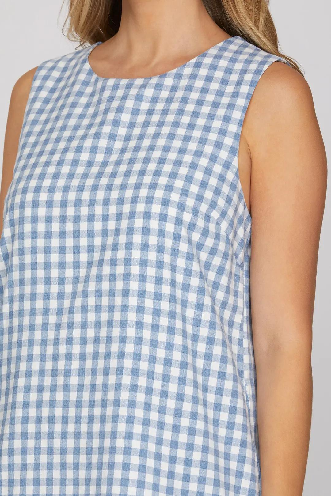 Sleeveless Round Neck Woven Gingham Checked Mini Dress with Pockets