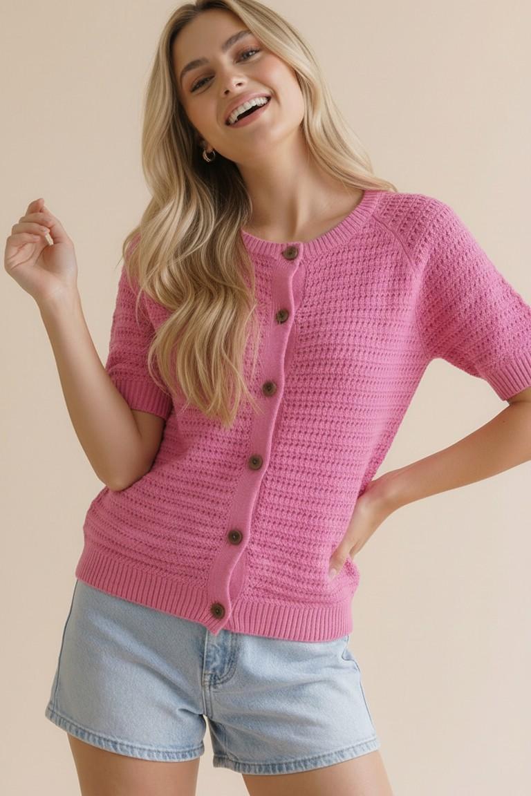 Raglan Short Sleeve Button Down Sweater Top