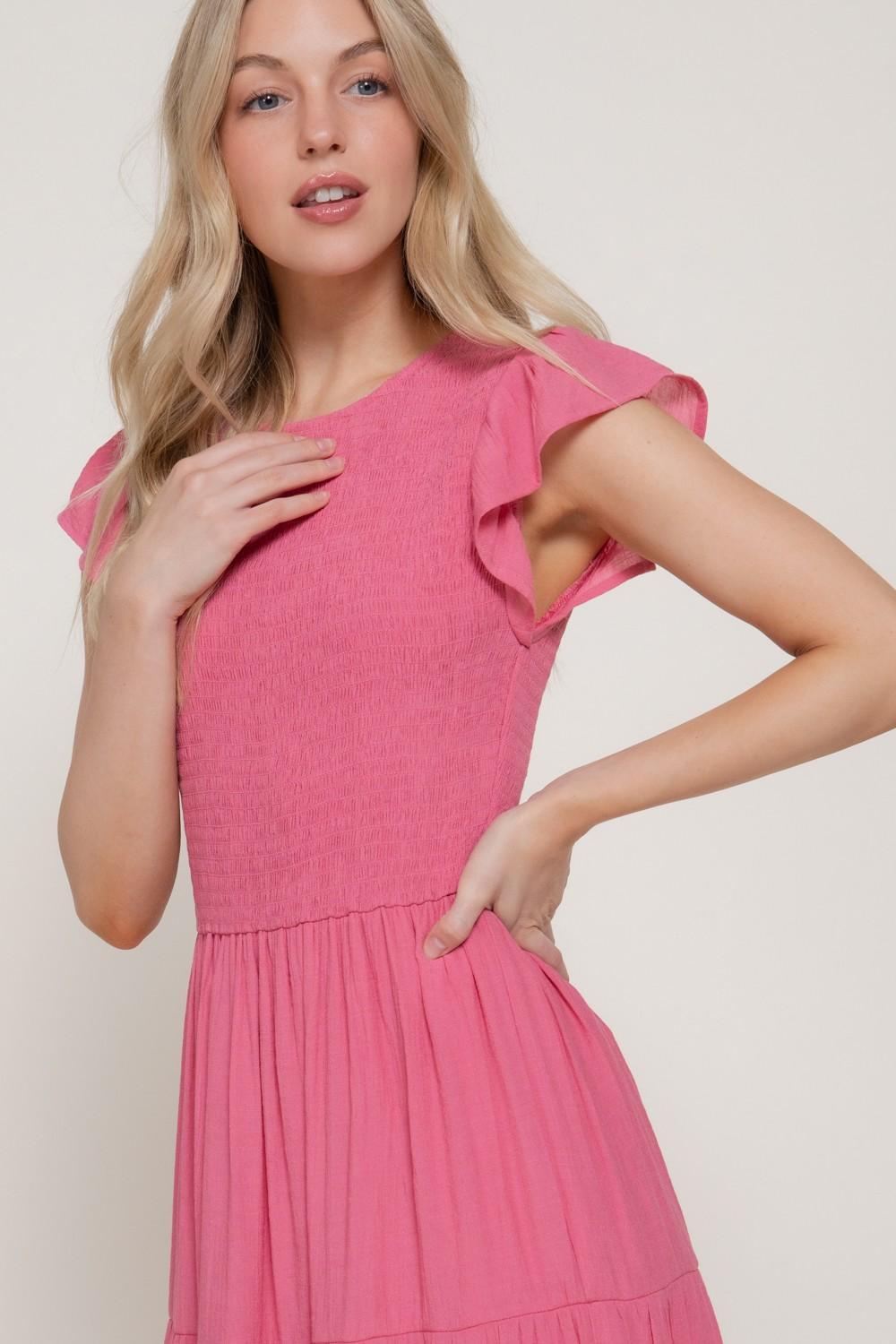 Ruffle Slv Smocked Solid Tired Dress