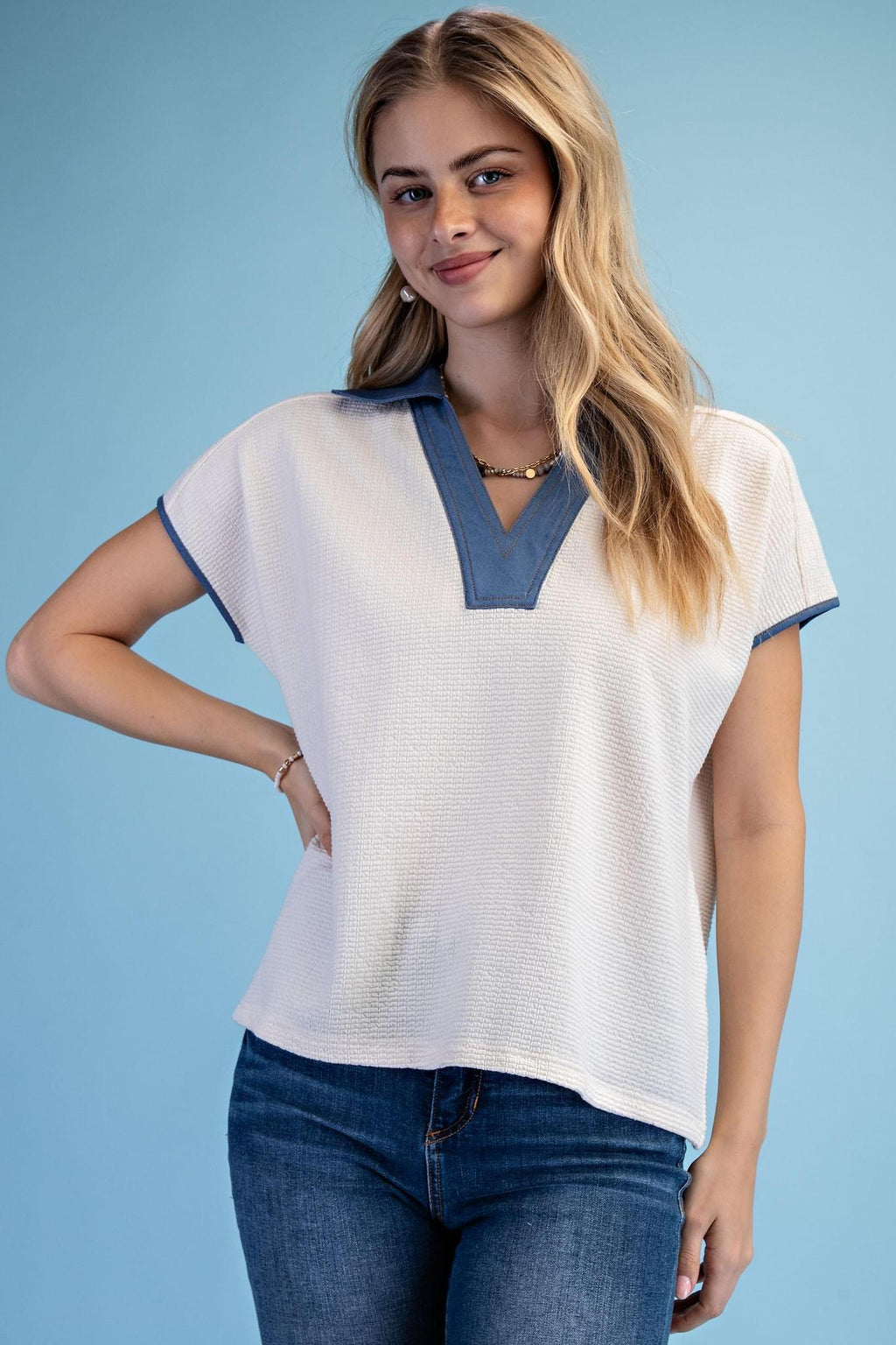 Textured Knit V- Neck Top