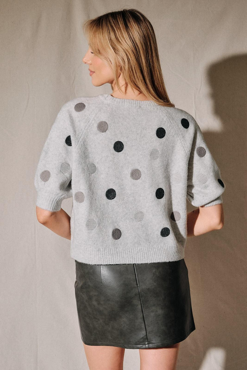 Fuzzy Polka Dot Raglan Short Sleeve Knit Sweater