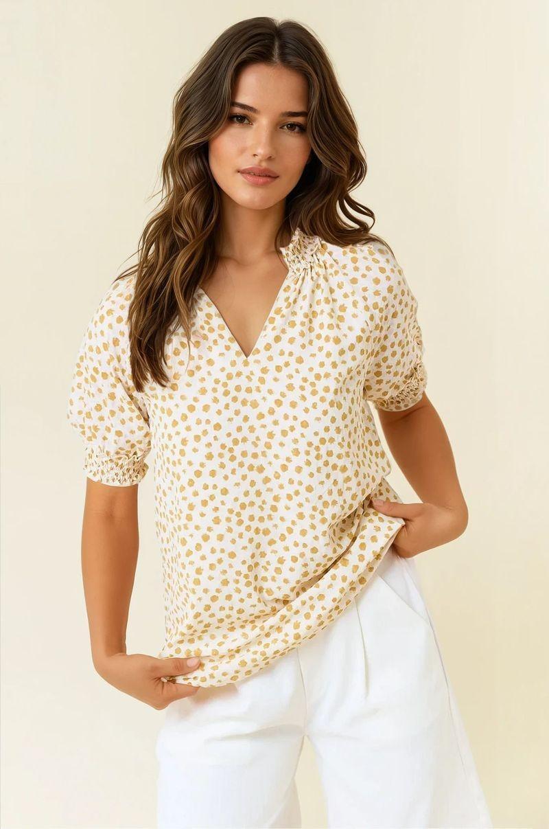 Jacquard Dot Print Short Sleeve Blouse