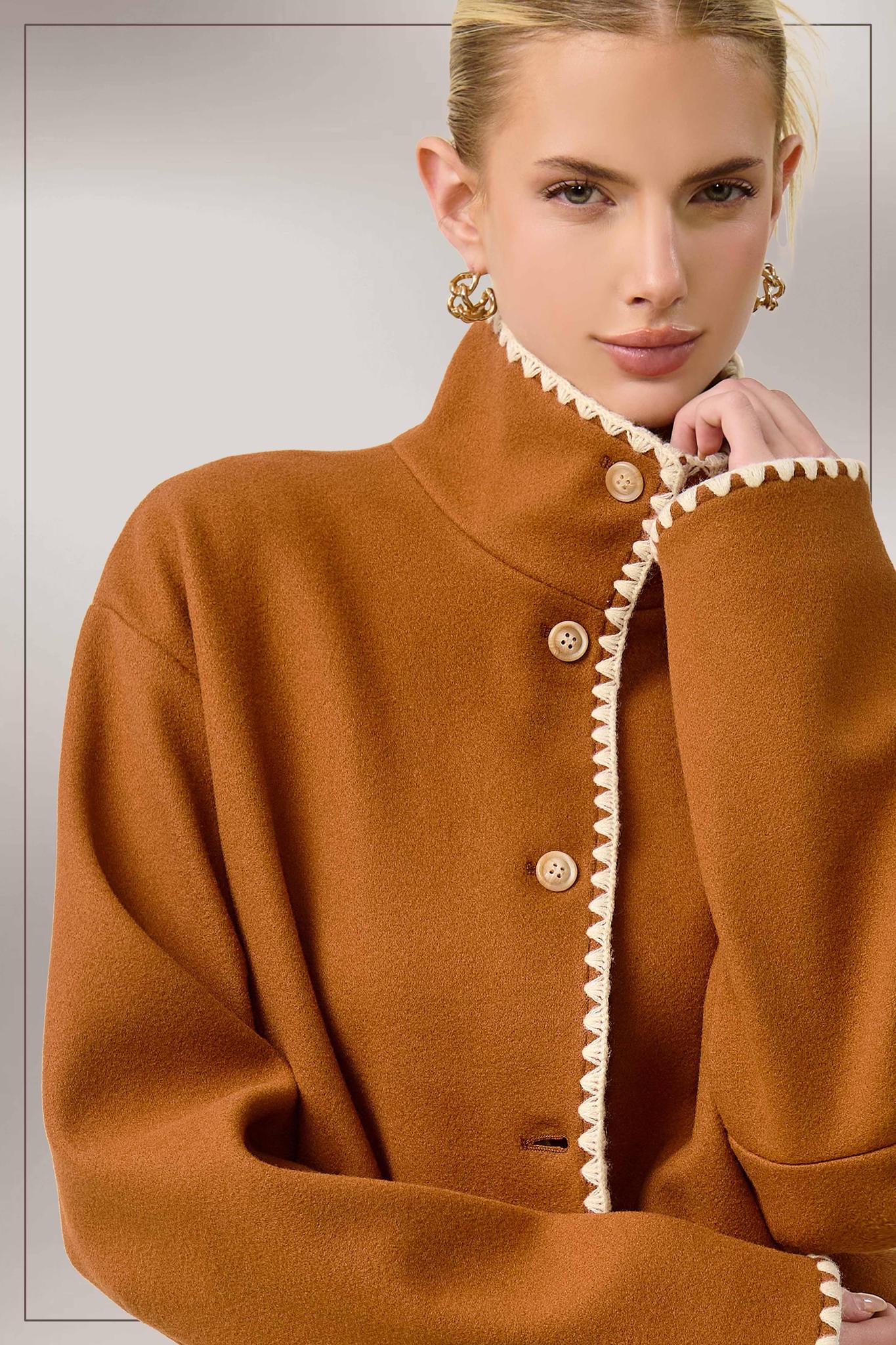 Convertible Collar Felt Jacket with Blanket Stitch