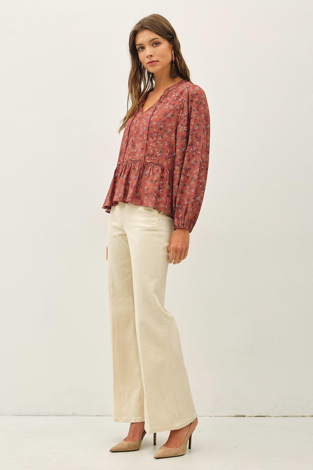 Floral Print V-Neck Chiffon Blouse Top
