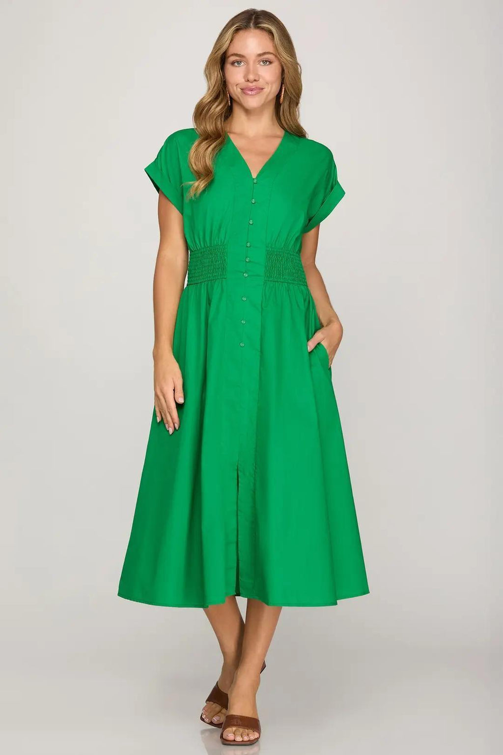 Drop Shoulder Smocked Waist Midi Dress With Pockets