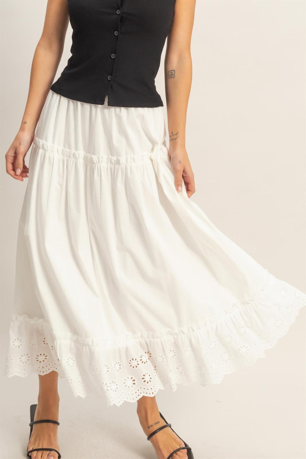 Tiered Eyelet Maxi Skirt