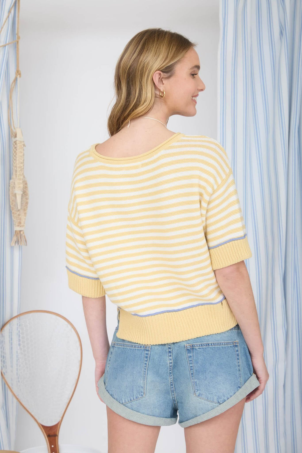 Stripe Raw Edge Detail Contrast Trim Sweater
