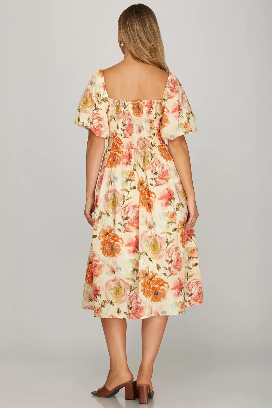 Puff Sleeve Smocked Floral Print Midi Dress