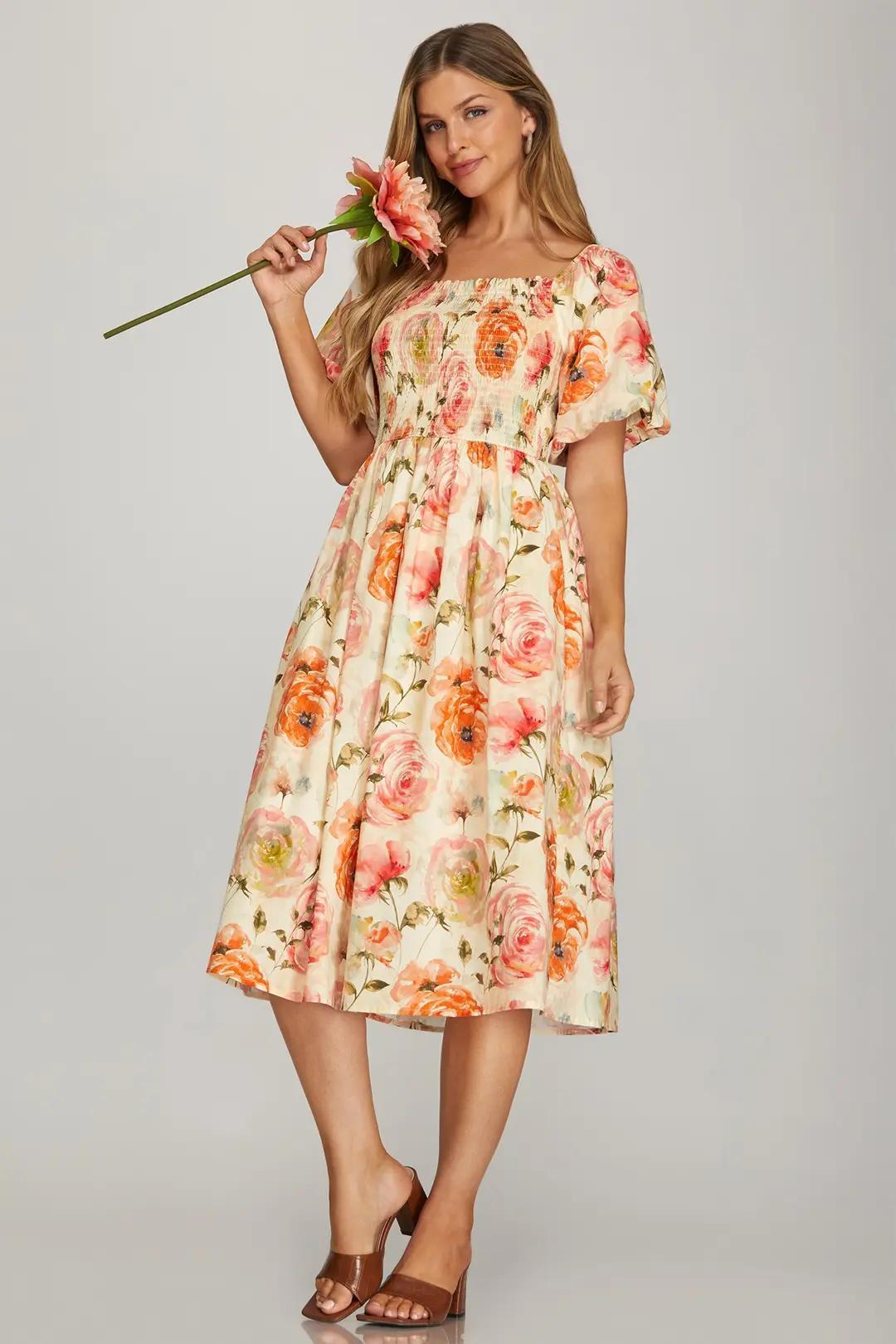 Puff Sleeve Smocked Floral Print Midi Dress