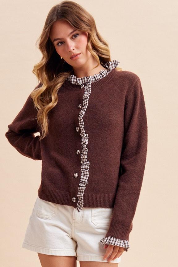 Melange Wool Gingham Ruffle Cardigan