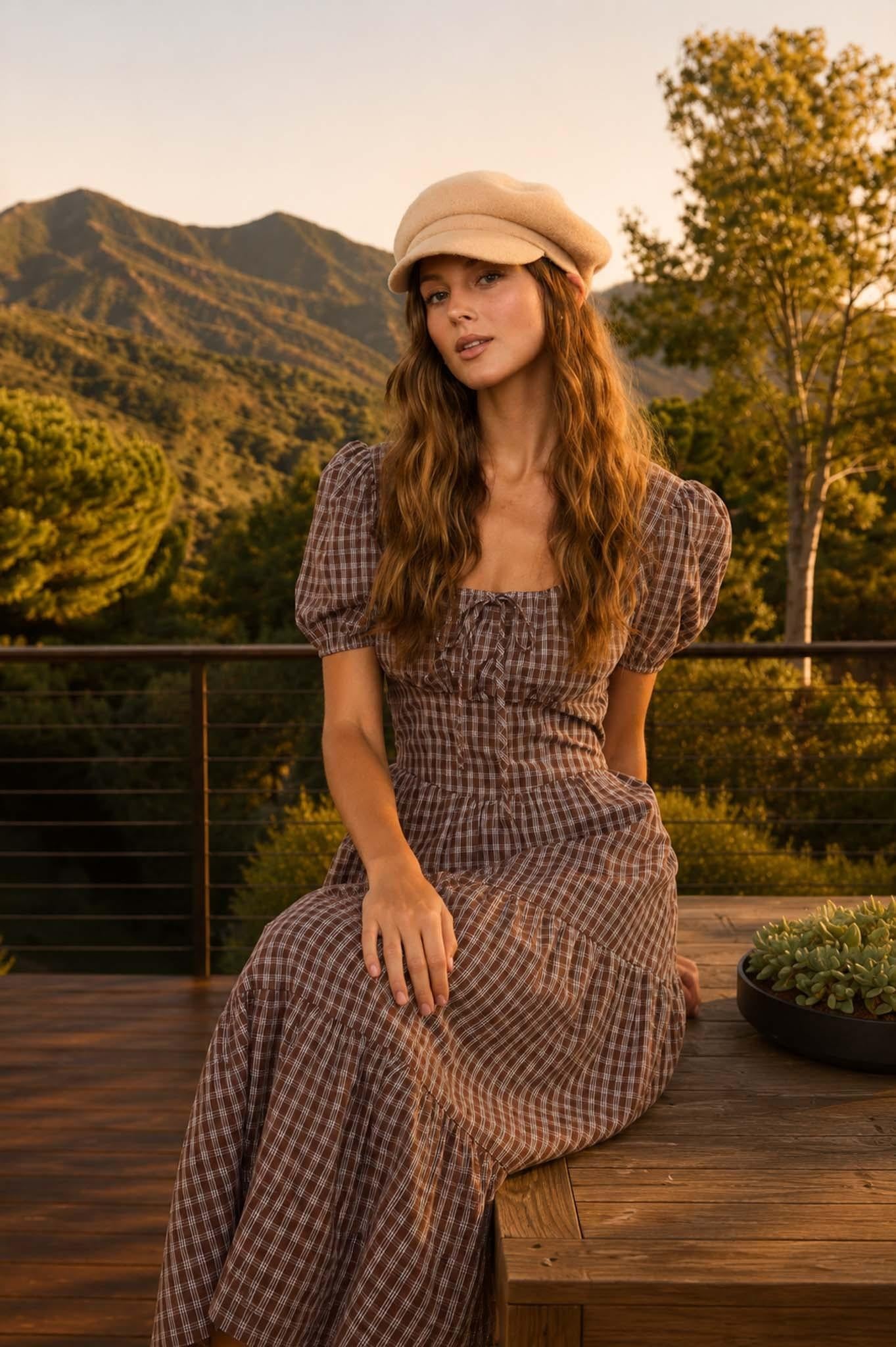 Plaid Puff Sleeve Corset Detail Tiered Midi Dress
