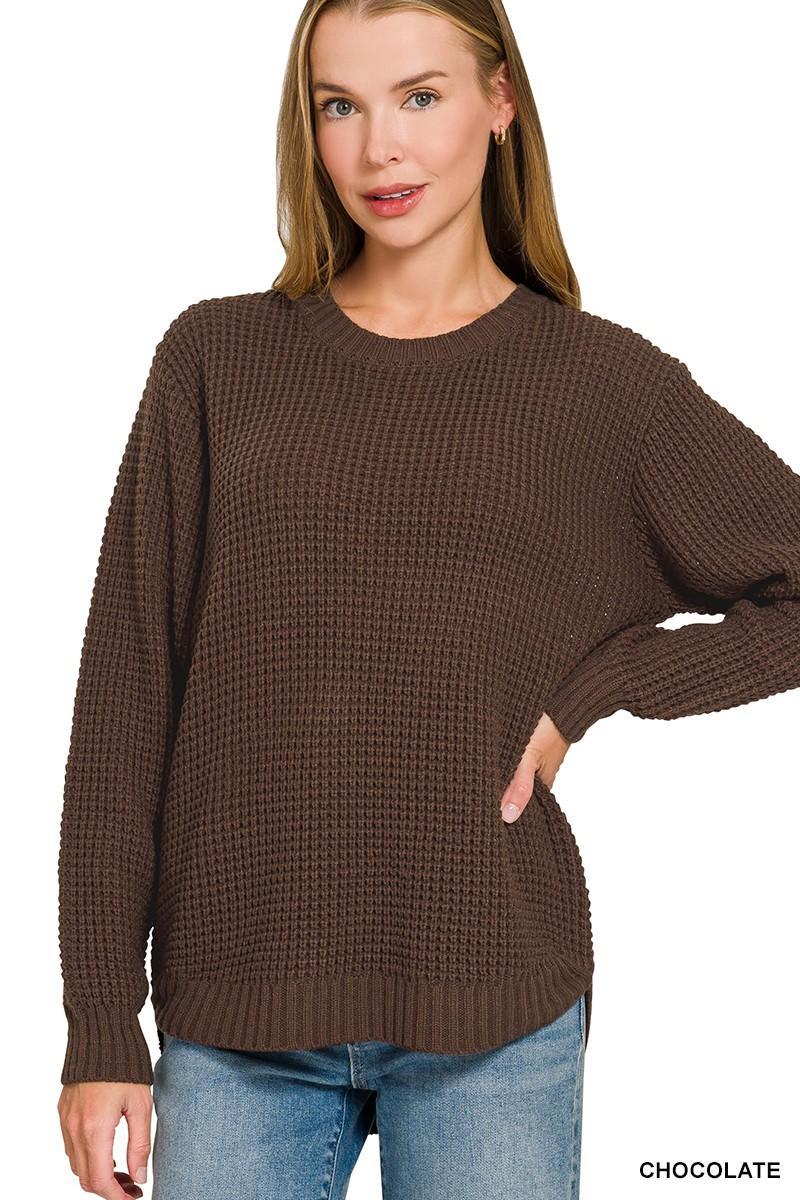 Hi-Low Long Sleeve Round Neck Waffle Sweater