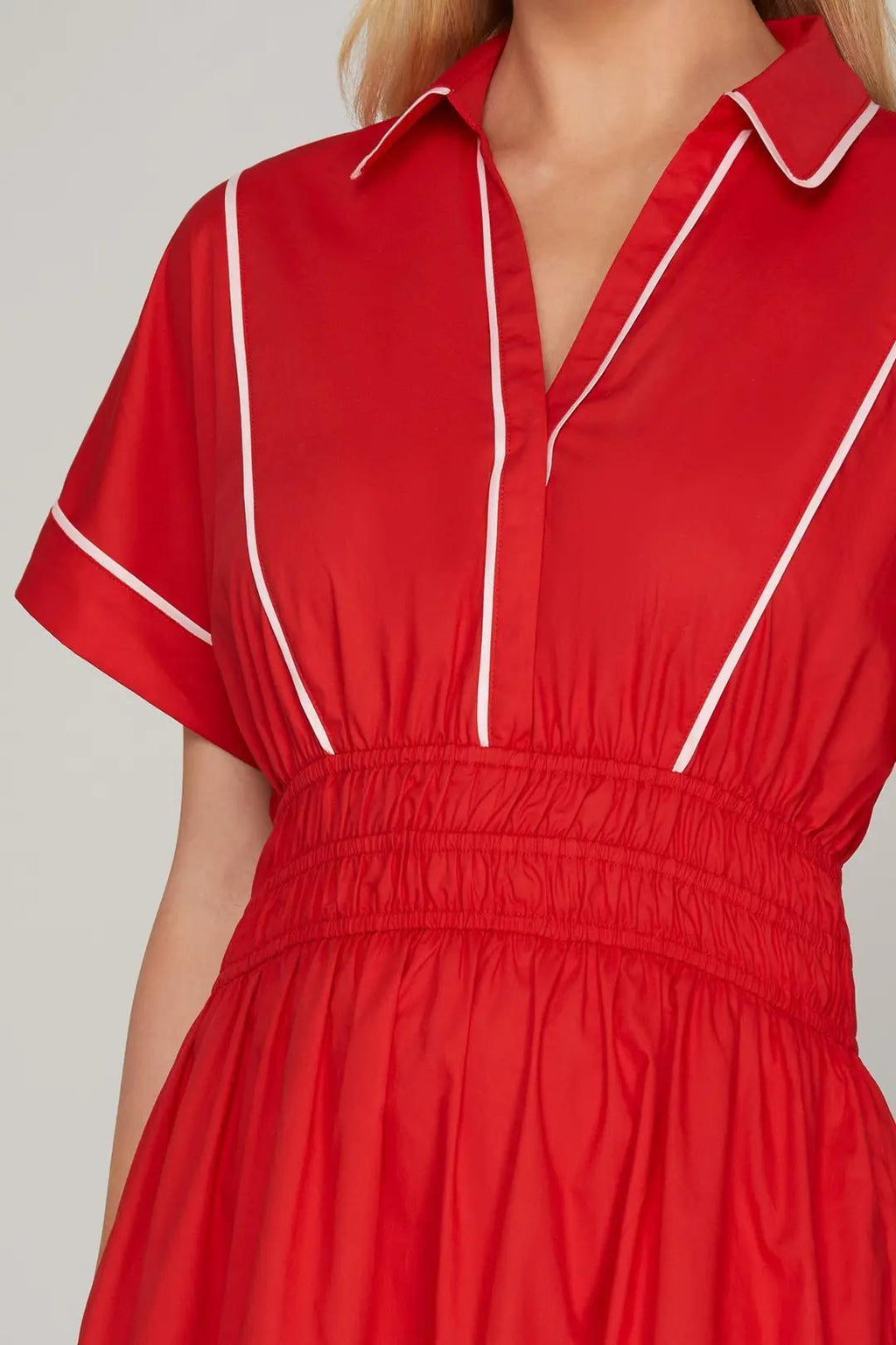 Drop Shoulder Half Sleeve Collared Top Woven Maxi Tiered Dress with Elastic Waistband, Contrast Piping, and Pockets