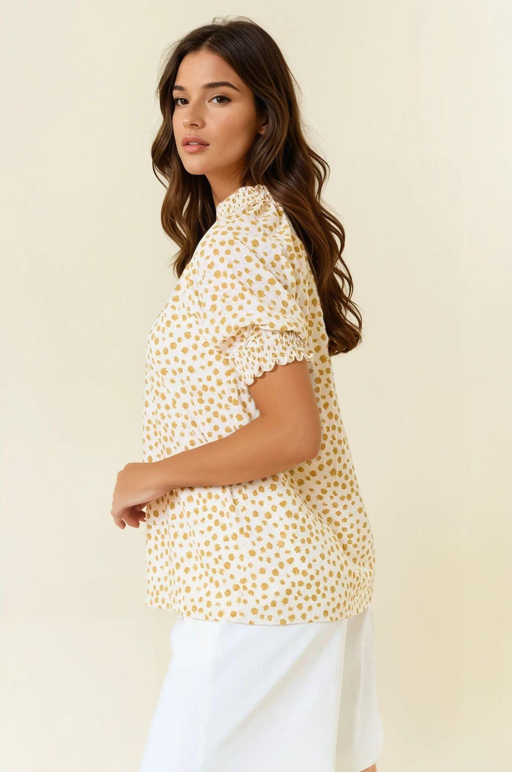 Jacquard Dot Print Short Sleeve Blouse