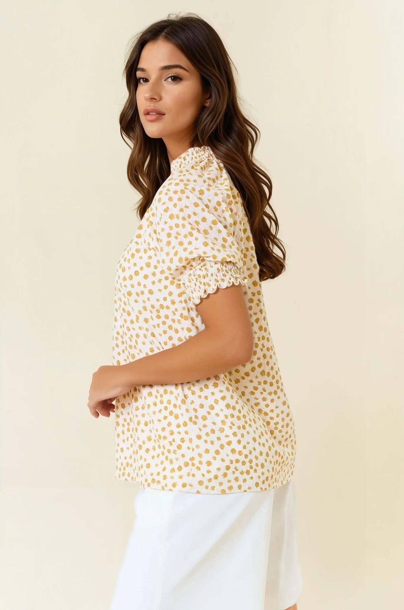 Jacquard Dot Print Short Sleeve Blouse