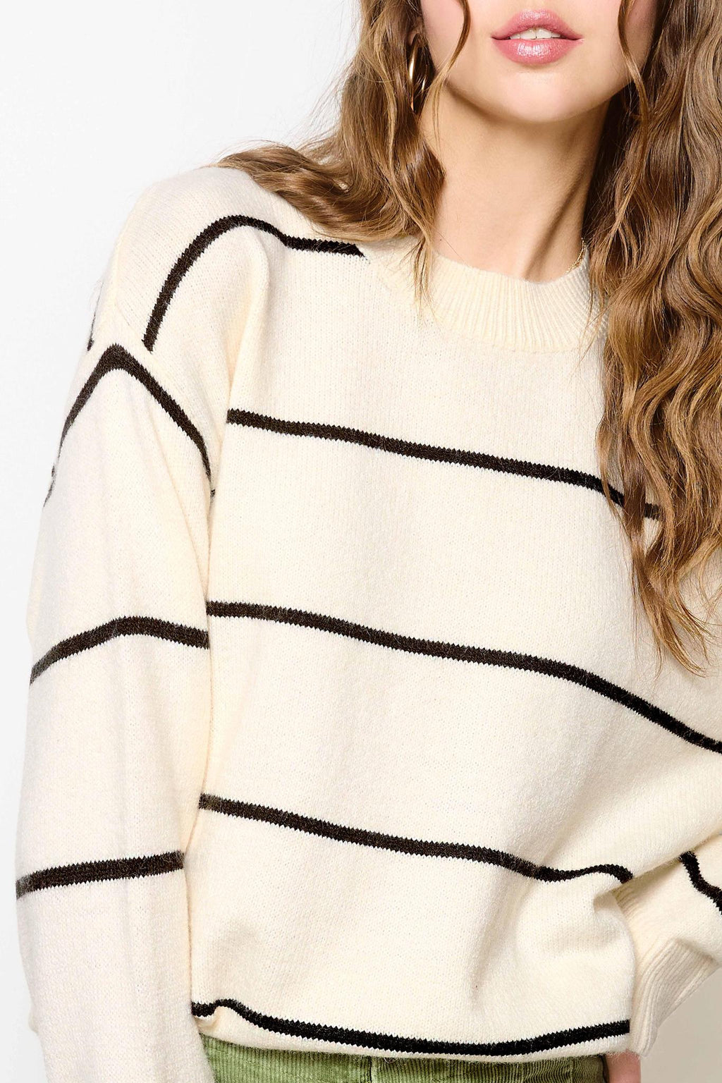Loose Fit Striped Crew Mock Neck Sweater Top